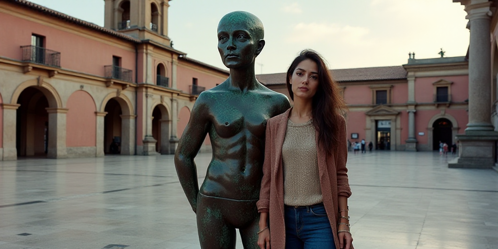 a woman standing next to a statue of a cactus in a plaza in mexico with a building in the background