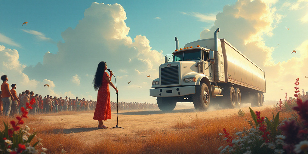 a woman standing on a stage with a microphone in front of a crowd of people and a giant white truck,