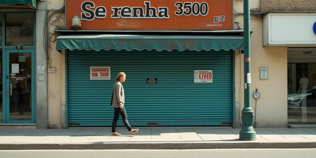 a woman walking down a sidewalk next to a building with a sign on it that says se renha 3500 350 350
