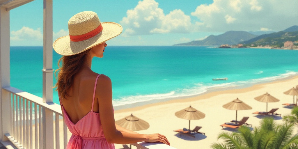 a woman wearing a hat on a balcony overlooking the beach and ocean with umbrellas in the background,