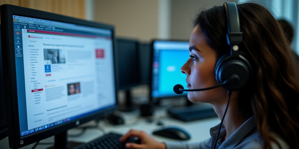a woman wearing headphones is looking at a computer screen with a webpage on it and a headset on her