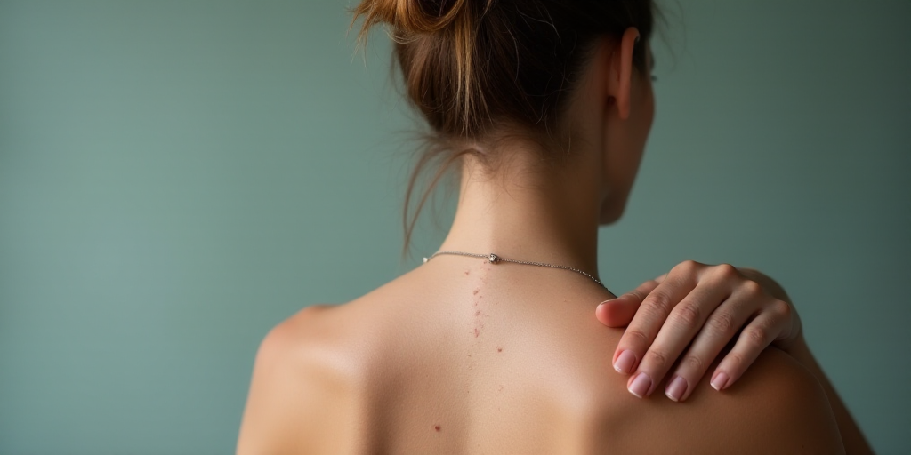 a woman with acne on her back and her hand on her shoulder and her hand on her shoulder, Aquirax Uno