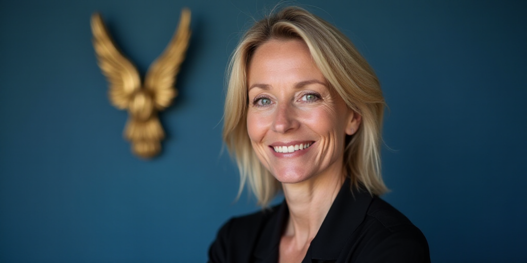 a woman with blonde hair and a black top smiling at the camera with a blue background and a golden e