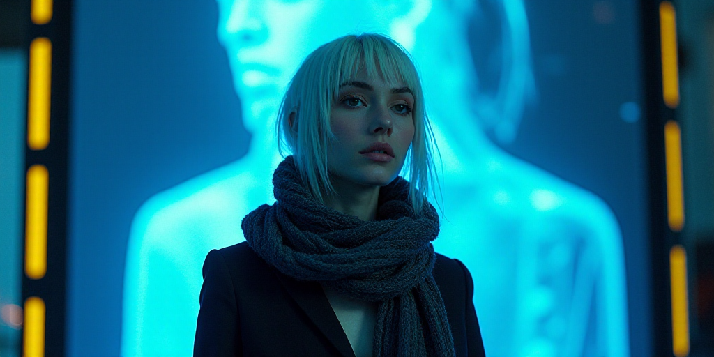 a woman with white hair and a scarf around her neck is standing in front of a blue background with a