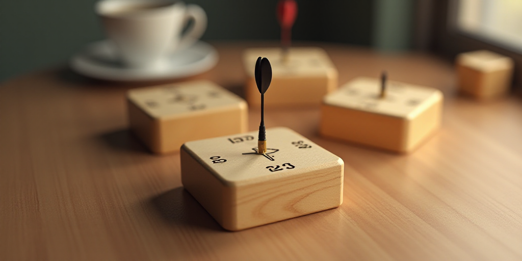 a wooden block with numbers and a dart in the center of it on a table top with a cup in the backgrou