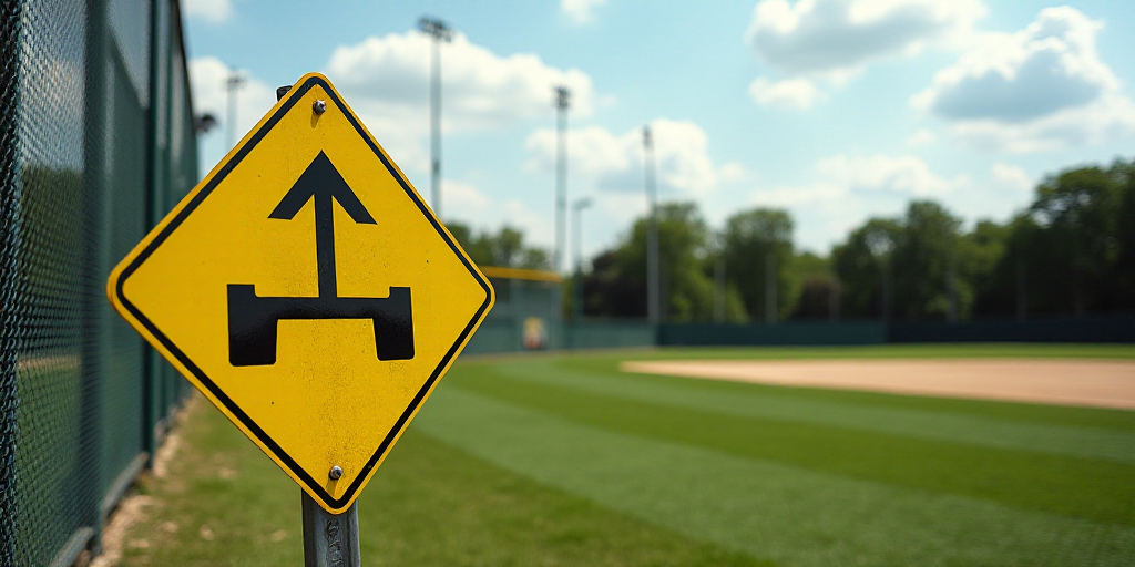 a yellow caution sign sitting on top of a baseball field next to a fence and a baseball field with t
