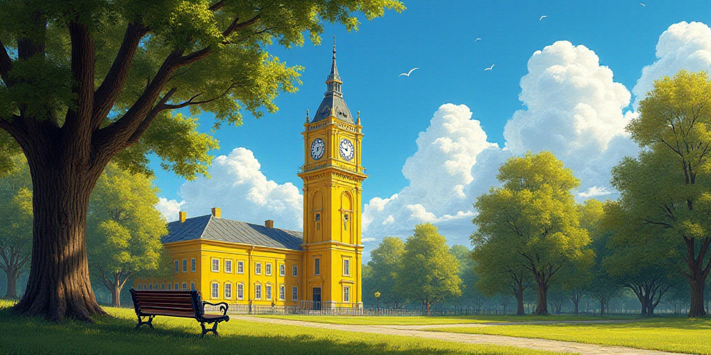 a yellow clock tower in the background of a blue sky and trees with a bench in the foreground, Chris