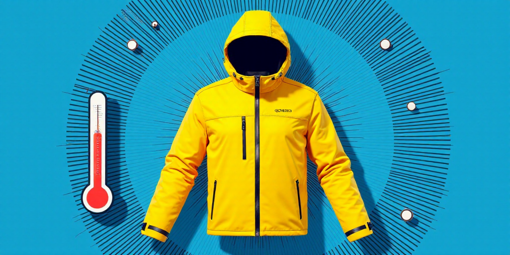 a yellow jacket and a thermometer are on a blue background with a pattern of lines and dots, An Gyeo