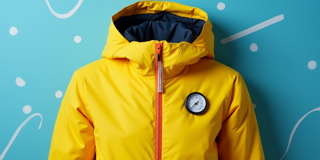 a yellow jacket with a thermometer attached to it and a blue background with white dots and lines, A