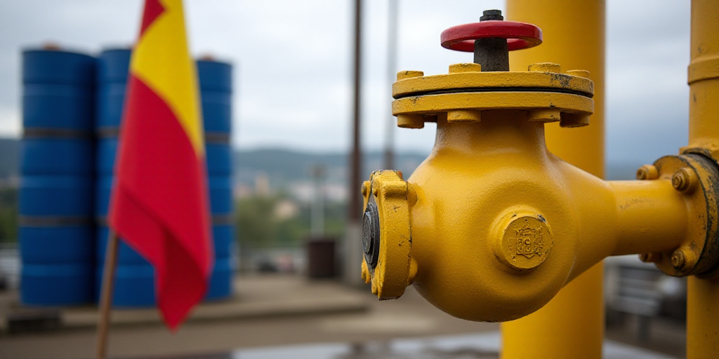 a yellow valve with a red valve on top of it next to a stack of oil drums and a flag, Aquirax Uno, o