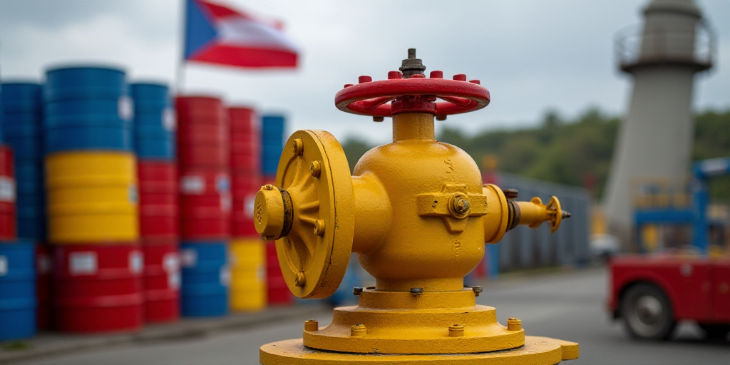 a yellow valve with a red valve on top of it next to a stack of oil drums and a flag, Aquirax Uno, o