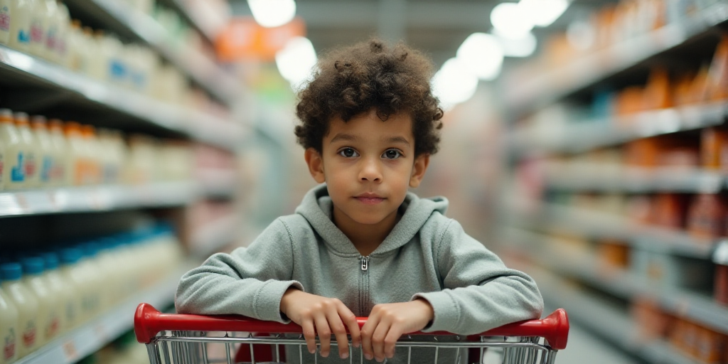 a young boy sitting in a shopping cart in a store aisle with milk in the background and a cart full