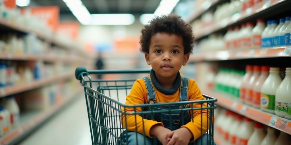 a young boy sitting in a shopping cart in a store aisle with milk in the background and a cart full