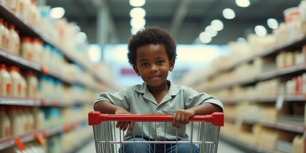 a young boy sitting in a shopping cart in a store aisle with milk in the background and a cart full