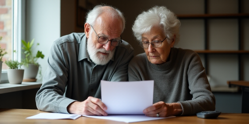 an older couple looking at a piece of paper and a calculator in their hands while sitting at a table