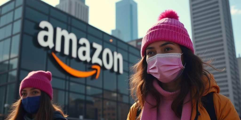 people wearing face masks walking in front of a building with a amazon sign on it's side and a woman