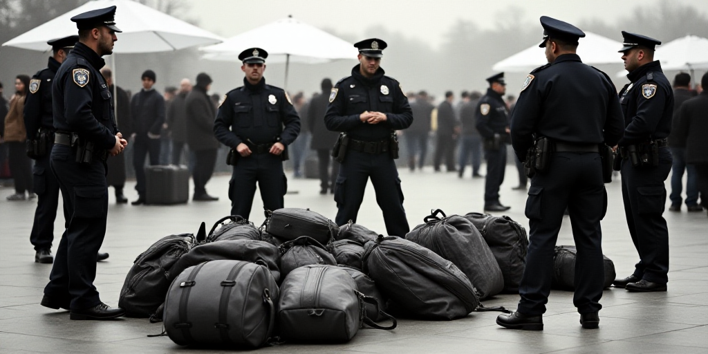 police officers standing around a bunch of people on the ground with bags of luggage on the ground a
