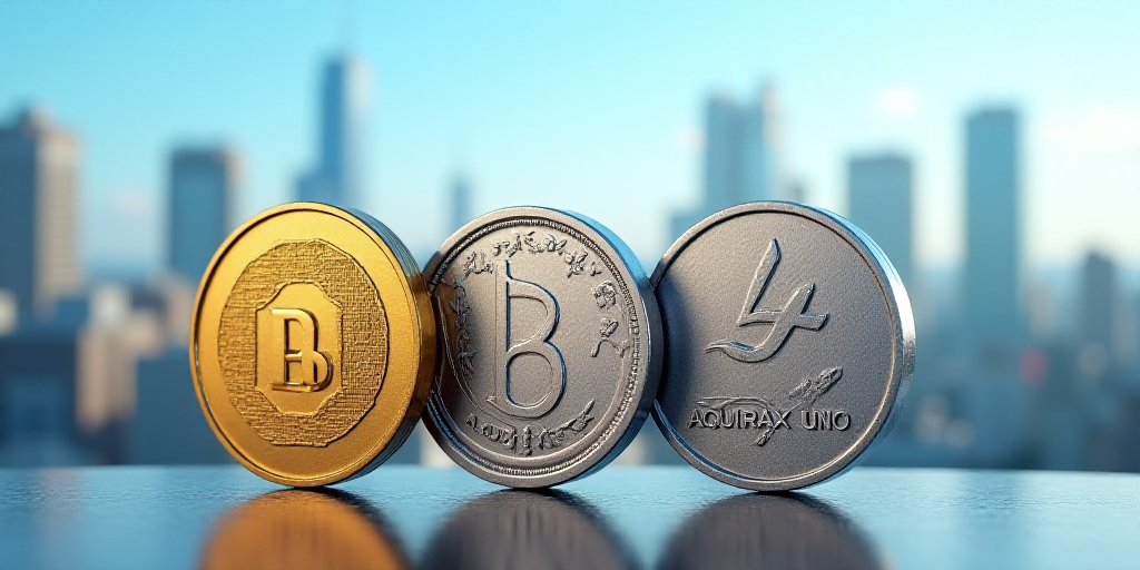 three different colored coins with a view of a city in the background and a blue sky in the backgrou