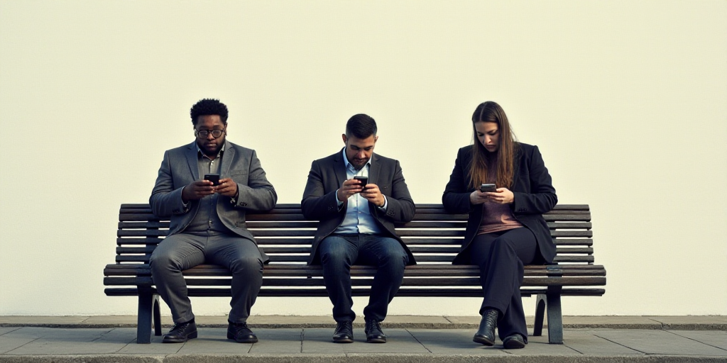 three people sitting on a bench looking at their cell phones while the text crt is overlaided with i