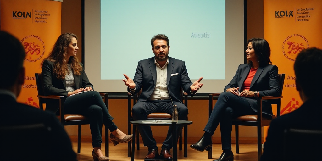 three people sitting on chairs in front of a banner and a microphone in front of them, with a man sp