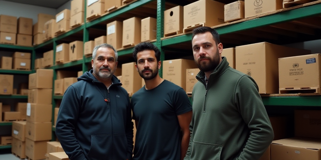 three people standing in a store with boxes and boxes on shelves behind them and a man standing next