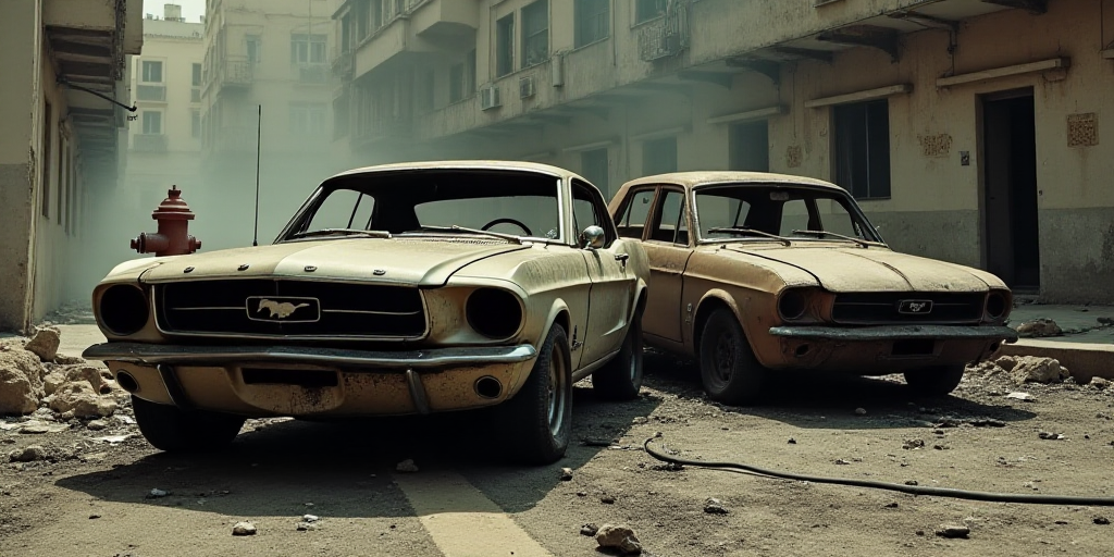 two burned cars in a run down building with a fire hydrant in the background and a building with a f