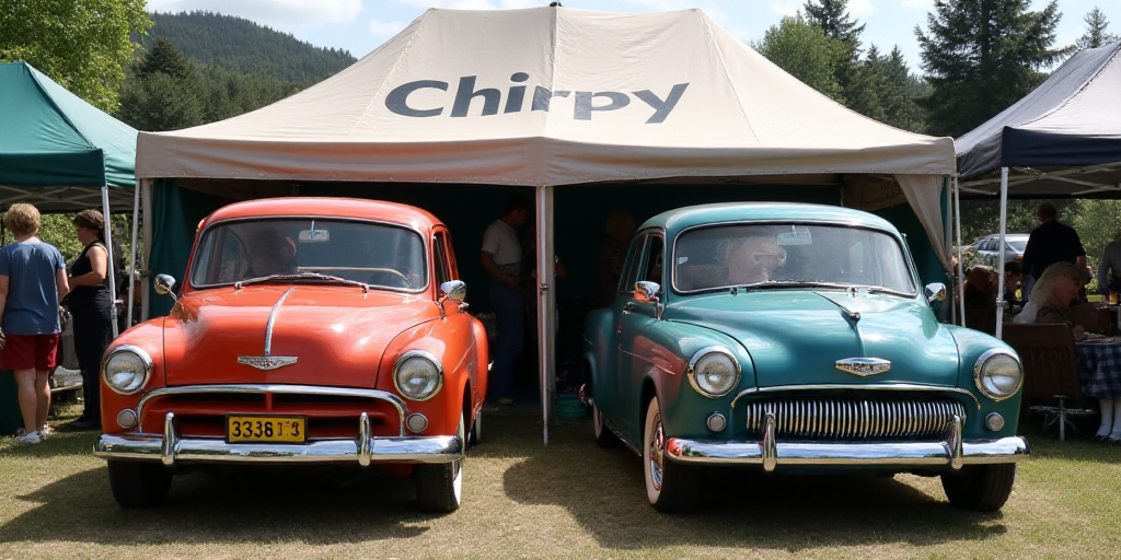 two cars parked next to each other under a tent with a sign that says chirey on it, Chippy, official