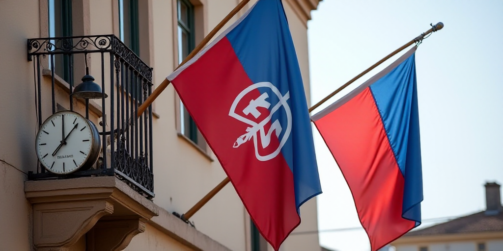 two flags are hanging from a building with a clock on it's side and a flag on the other side, Aquira