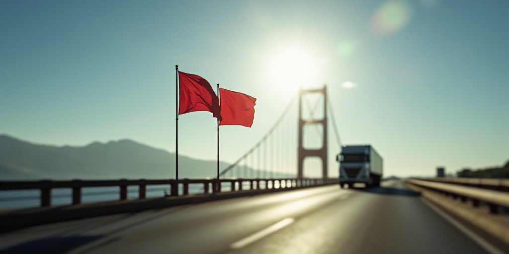 two flags flying in front of a bridge and a truck on the other side of the bridge and a truck on the