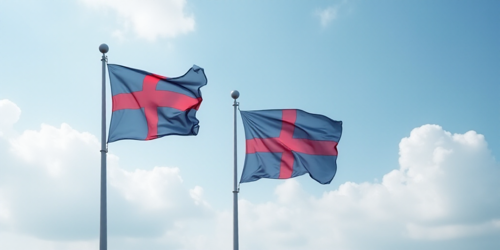 two flags flying in the wind on a cloudy day with blue sky in the background and white clouds in the