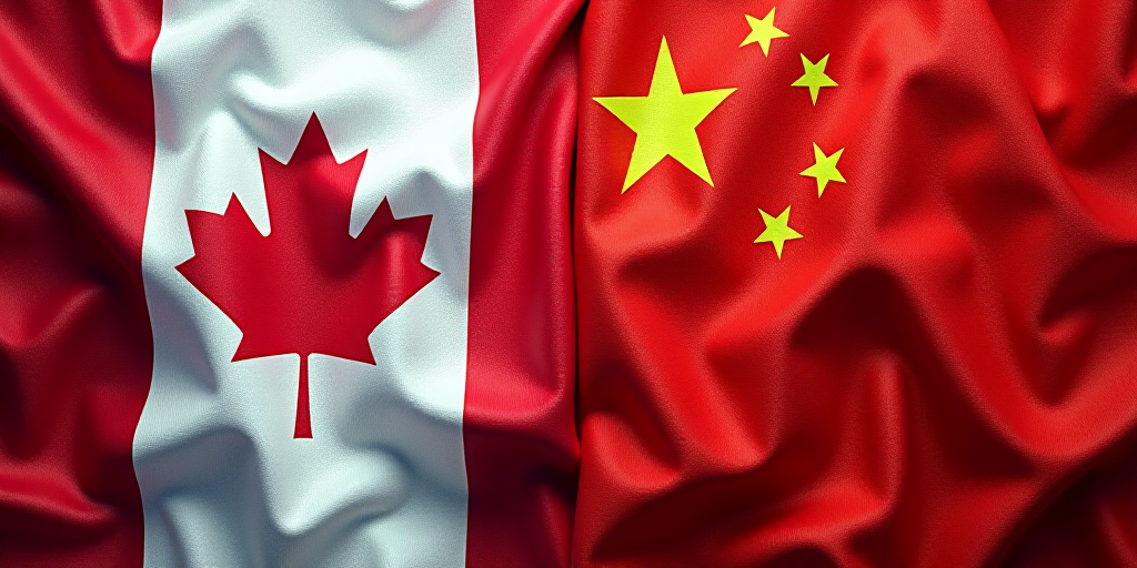 two flags of canada and china are seen together in this picture taken from below the flag of the cou