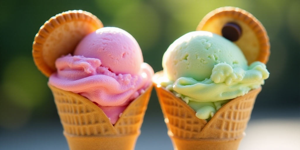 two ice cream cones with different flavors of ice cream in them, one with a cookie on top and one wi