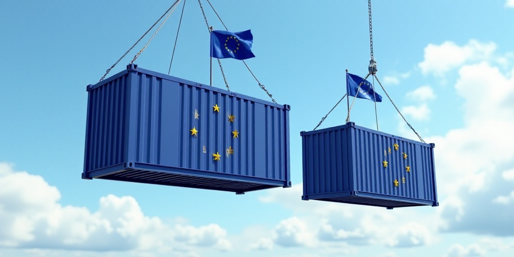 two large containers suspended from the sky by strings with a european flag on them and a european f