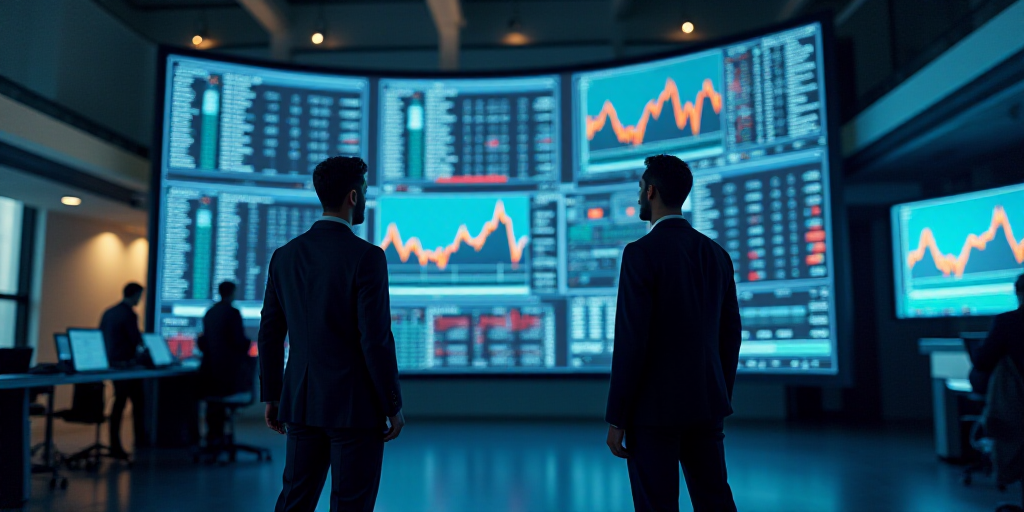 two men are looking at a stock market display on a floor of a building with multiple screens and scr