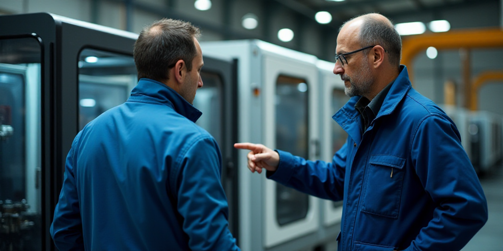 two men in a factory looking at a machine screen and a man in a blue jacket is pointing at something
