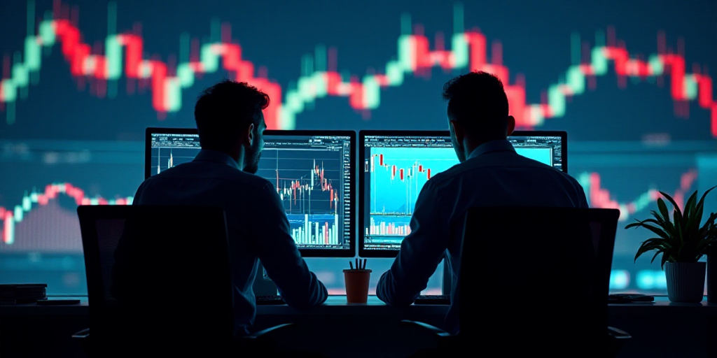 two men in a trading room looking at a computer screen with a stock market on it's wall, Andries Sto