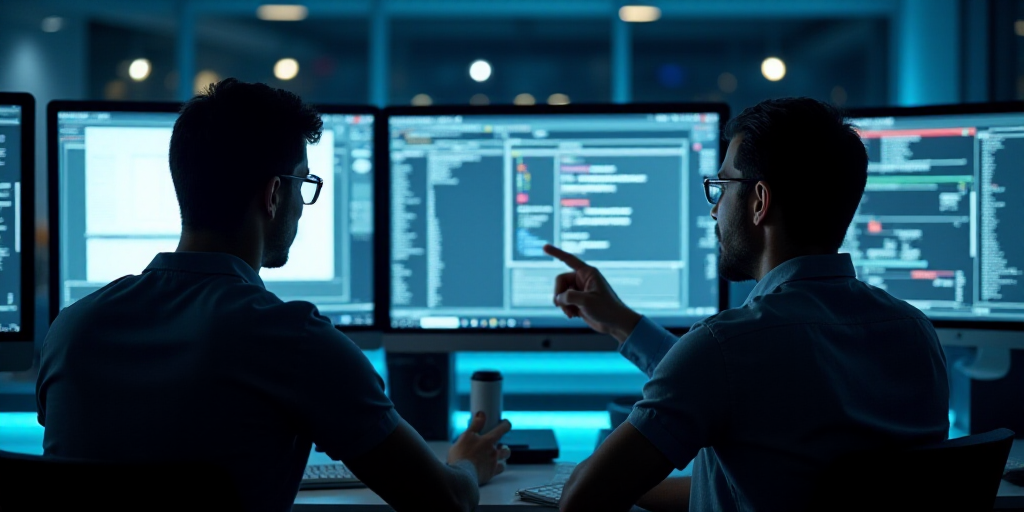 two men in front of a computer screen with multiple screens on it and a man pointing at the screen,