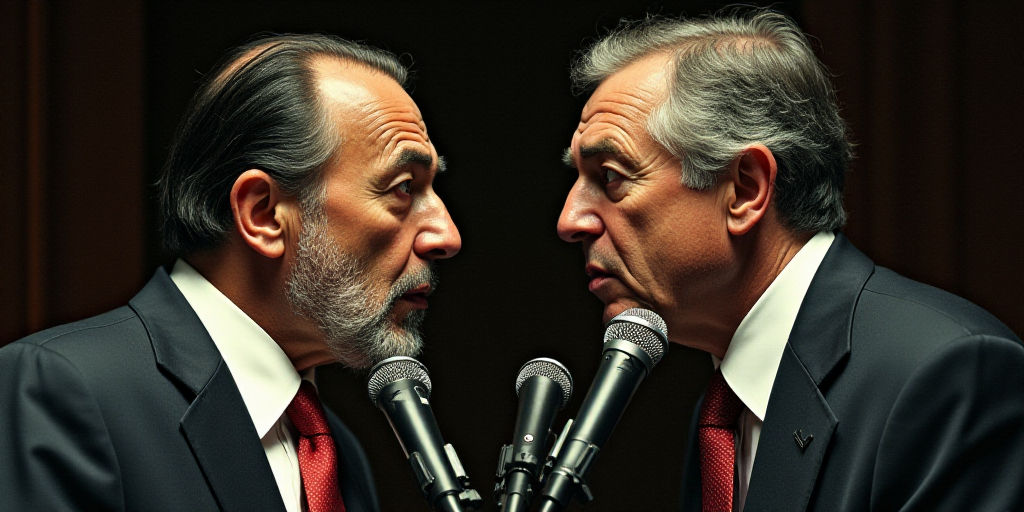 two men in suits and ties are facing each other and one is speaking into a microphone and the other