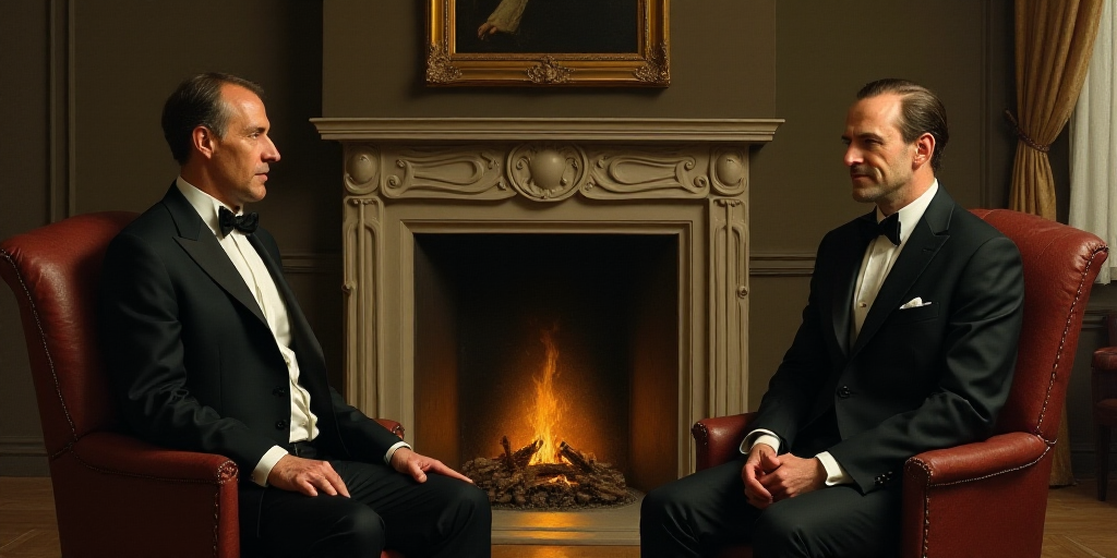 two men in suits and ties sitting in chairs in a room with a fireplace and a fireplace man in the mi
