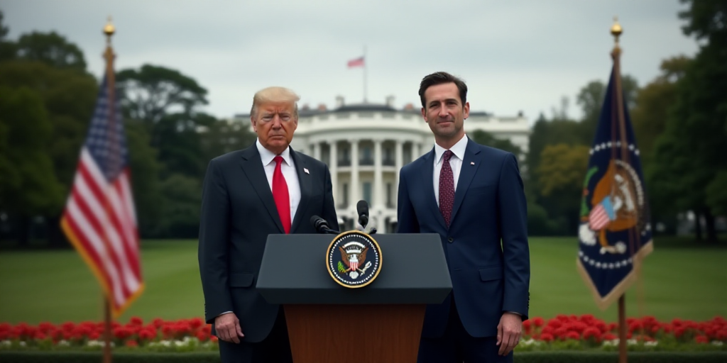 two men in suits and ties standing in front of a podium with a flag in the background and a white ho