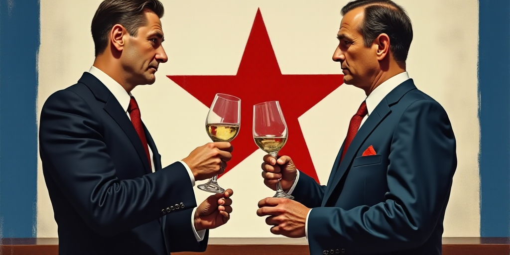 two men in suits are holding wine glasses in front of a flag and a red star on a blue and white back