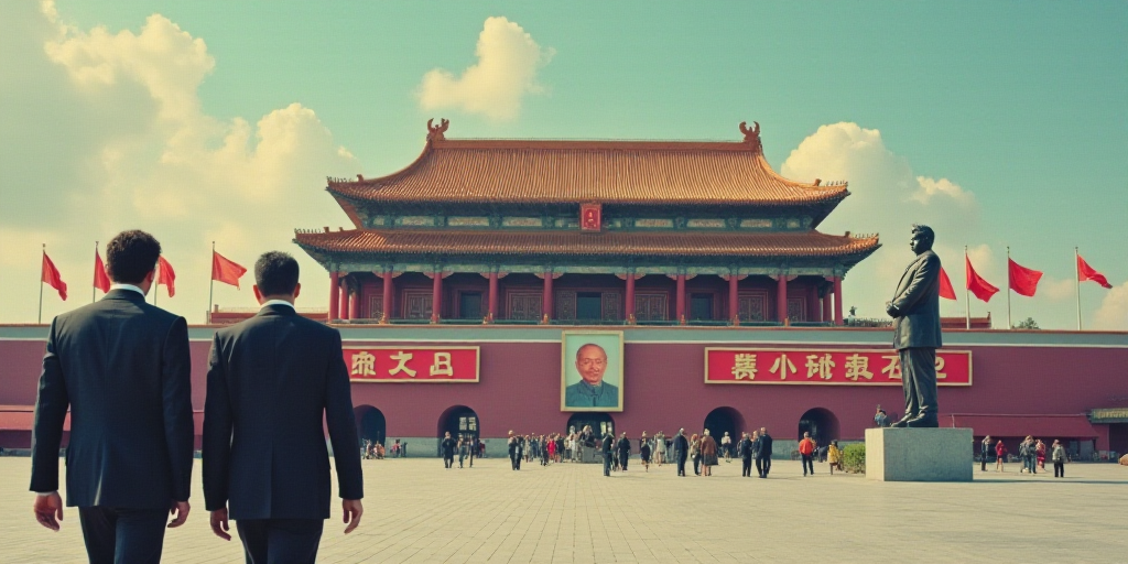 two men in suits walking down a street next to a building with a statue of a man in uniform, Ai Weiw