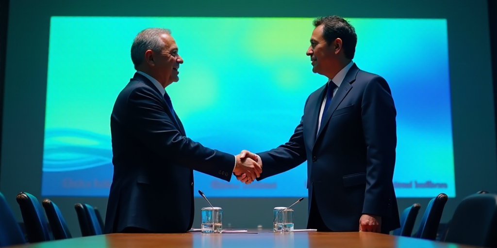 two men shaking hands at a conference table with a large screen behind them and a blue and green bac