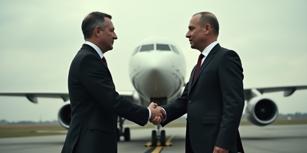 two men shaking hands in front of a plane on the runway of an airport with a plane in the background