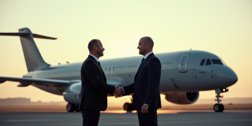 two men shaking hands in front of a plane on the runway of an airport with a plane in the background