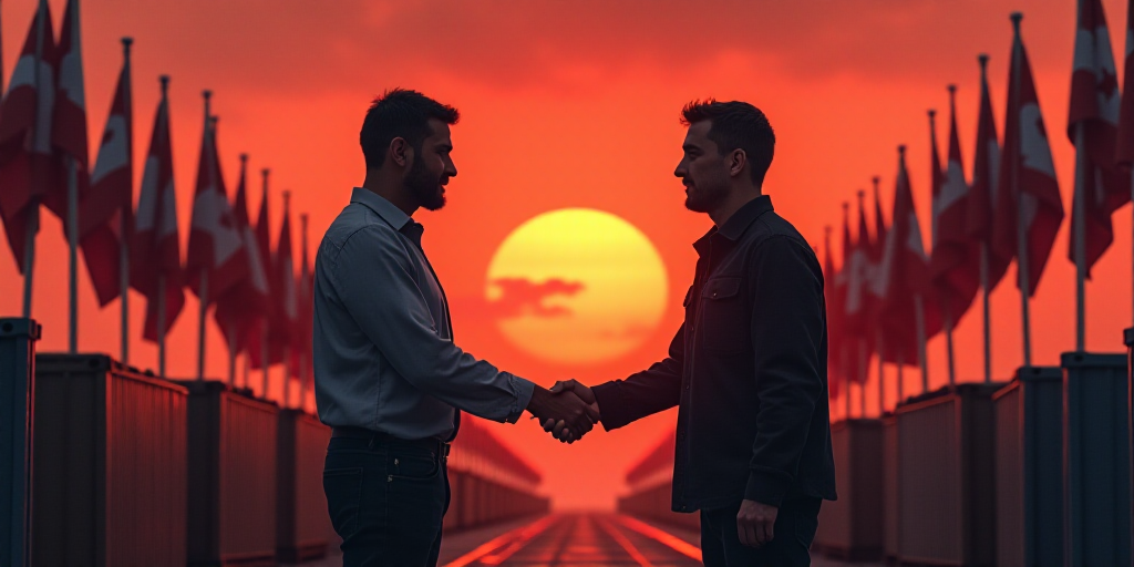 two men shaking hands in front of a backdrop of flags and containers with a red sky in the backgroun