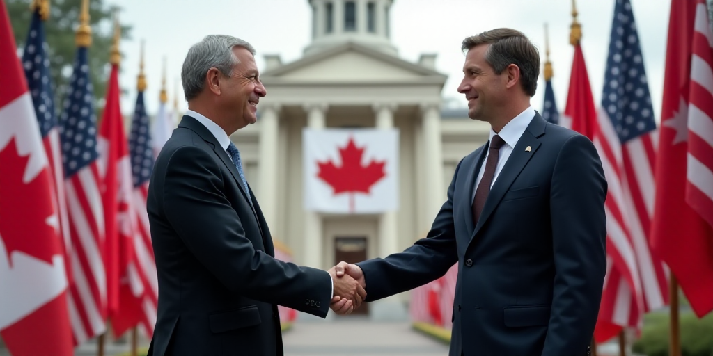 two men shaking hands in front of a backdrop of flags and a building with a flag of canada on it, Aq