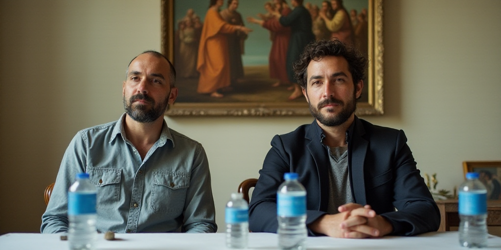 two men sitting at a table with bottled water bottles on it and a painting behind them, both of them