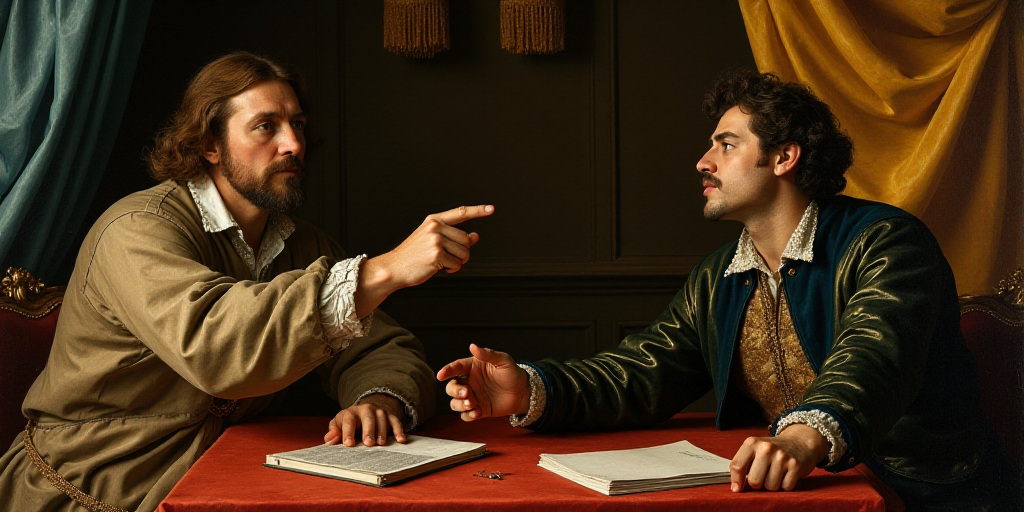 two men sitting at a table with flags behind them and one man pointing at something in the distance
