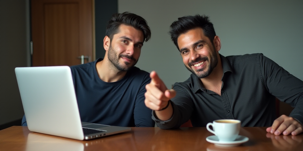 two men sitting at a table with a laptop and a cup of coffee in front of them, one of them pointing